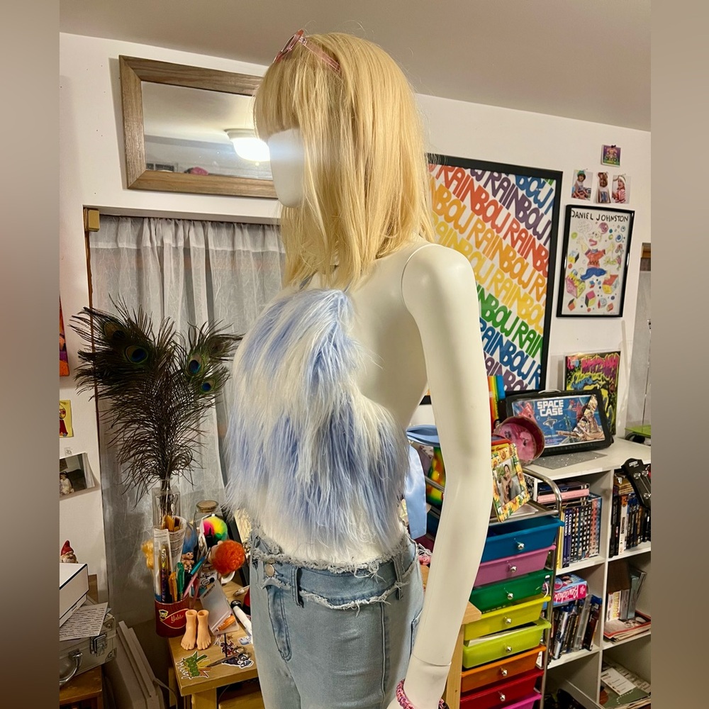 Faux Fur Ebonie n Ivory Raver Cyber Furry Club Kid Cropped Halter Neck Top XS S